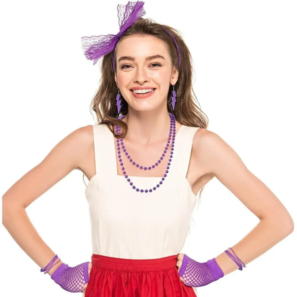80s Costume Accessories Set Fanny Pack Leg Warmers Earrings Gloves Necklace